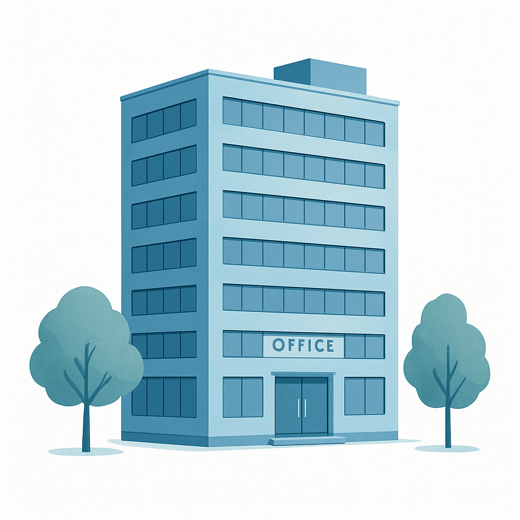 an office building in light blue tones set on a plain white fff background with trees in front