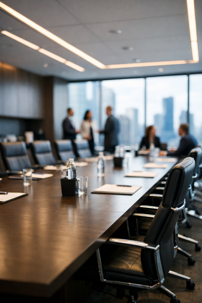 photographic A boardroom style contemporary city office meeting space with a few people in the distance blurry-1-1