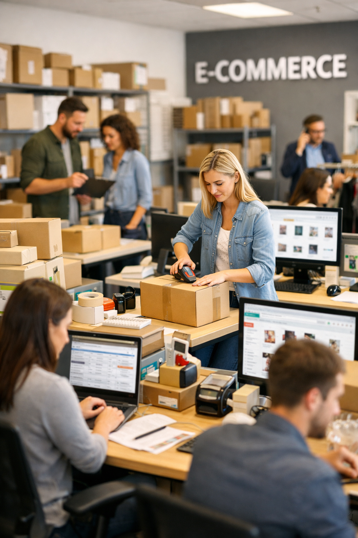 photographic ECOMMERCE office space with people focused on selling light blur-1-1