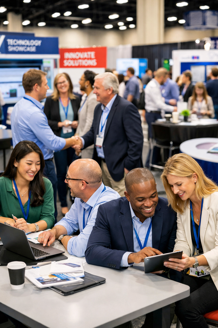 photographic fun business conference  trade show view with many people working together happily-1-1